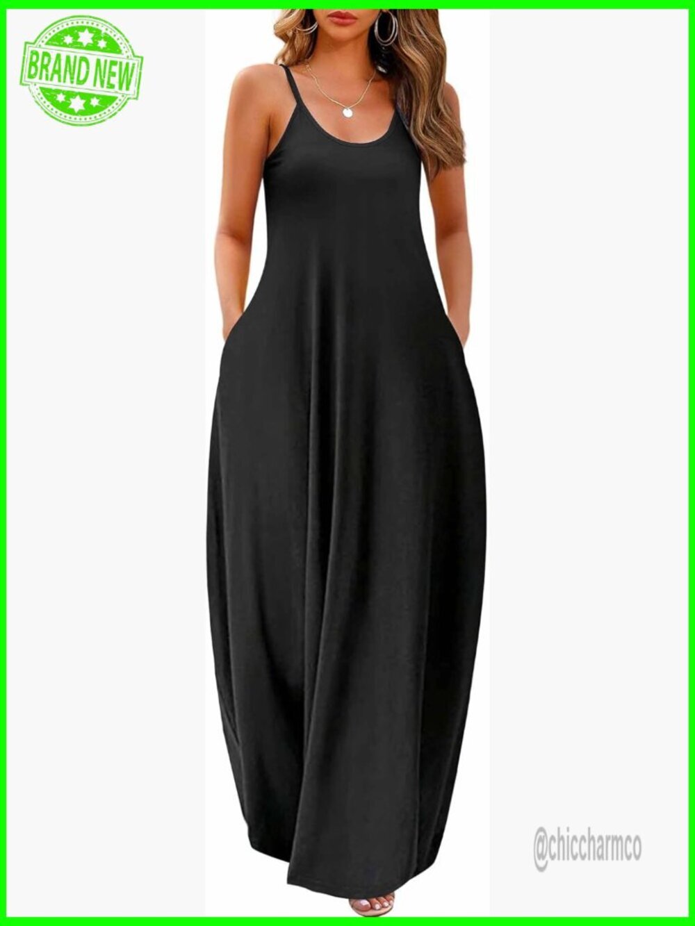 Maxi Dress with Pockets Adjustable Spaghetti Strap Plus Size Loose Floor Length